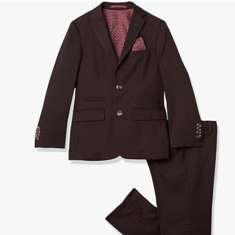 Isaac Mizrahi Dotted Contrast Slim Fit Boys 2pc Suit Burgundy suit, Size 10